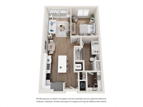 Floor plan for a one bedroom one bathroom apartment at Tanager Echo